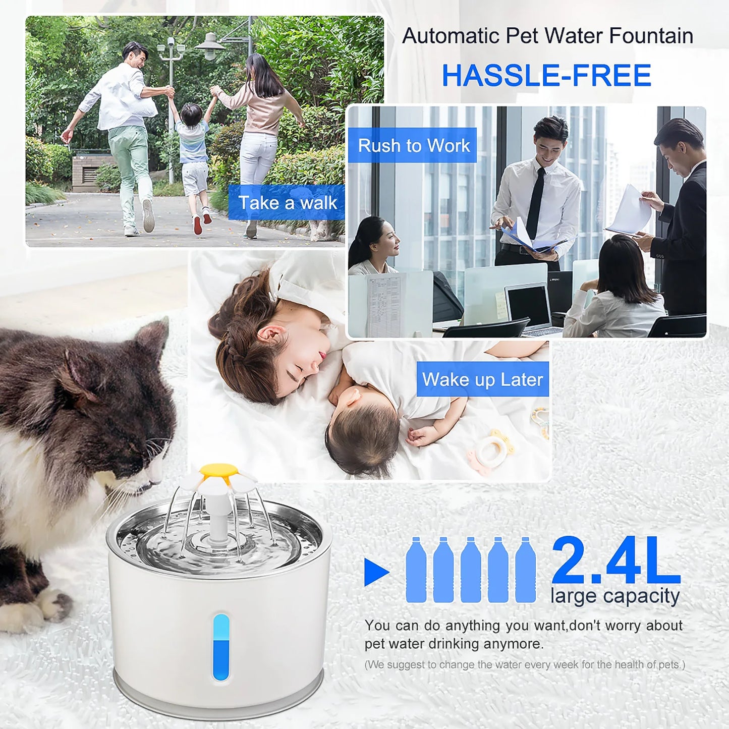2.4L Automatic Pet Cat Water Fountain with LED Electric USB Dog Cat Pet Mute Drinker Feeder Bowl Pet Drinking Fountain Dispenser